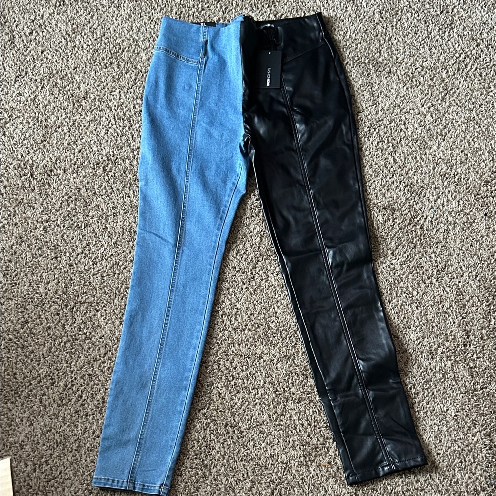 Two-Tone Denim and Faux Leather Fashionova Pants